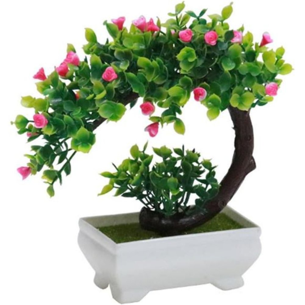 Artificial BonsaiTree Faux Potted Plant with White Pot-Mini-8Inch Tall(Rose Red)